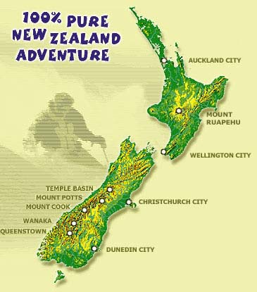 Map of New Zealand including Queenstown and Wanaka